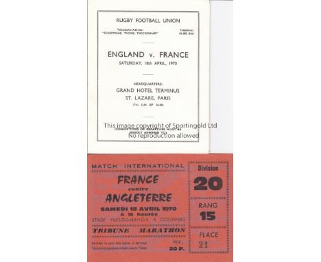 RUGBY- FRANCE-ENGLAND 1970   Official England Itinerary issued to players and officials for the game in Paris v France 18/4/7