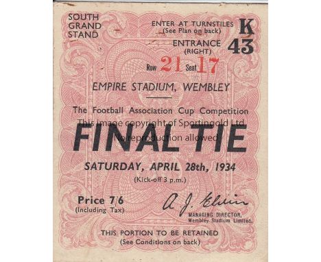 1934 CUP FINAL  Ticket for the 1934 FA Cup Final, Manchester City v Portsmouth, South Grand Stand Seat.    Good