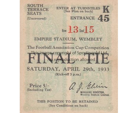 1933 CUP FINAL   Ticket for the 1933 FA Cup Final, Everton v Manchester City, South Terrace Seat.  Good