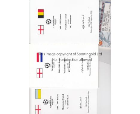 MANCHESTER UNITED  Collection of Official Lunch Menus for United home Champions League games, 2000-01, games v Anderlecht, PS