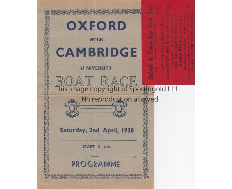 1938 VARSITY BOAT RACE      A 4 page souvenir programme issued by Victor Printing Co. and a Mears Steamer ticket to view the 