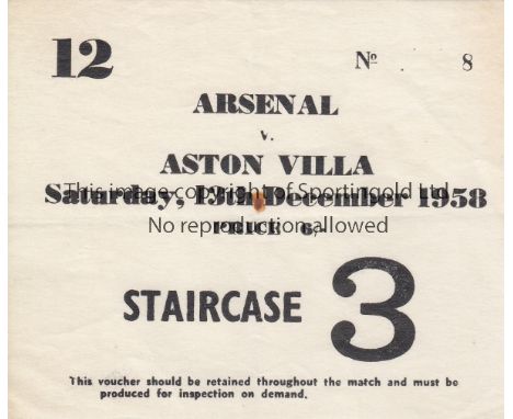 ARSENAL V ASTON VILLA 1958      Ticket for the league match at Arsenal 13/12/1958. Very slightly creased.    Generally good