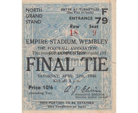 1946 CUP FINAL   Ticket for the 1946 Cup Final, Grand Stand seat, slight creases to corners.  Generally good