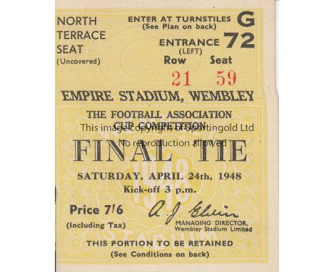 1948 CUP FINAL   Ticket for the 1948 Cup Final, North Terrace Seat.  Generally good
