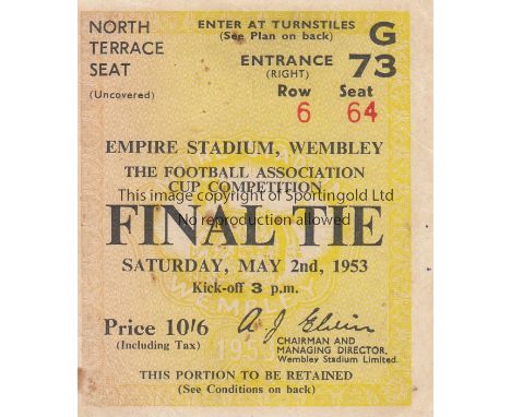 1953 CUP FINAL   Match ticket for the 1953 Final, North Terrace Seat, very minor marks.  Generally good