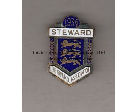 FA 1936   Football Association metal and enamel pin badge, Steward 1936, Three Lions in gilt on blue enamel with Steward in g