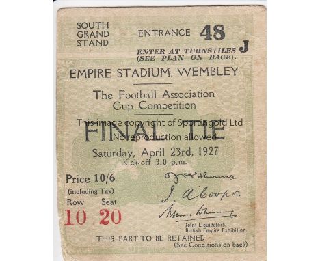 1927 FA CUP FINAL       Seat  ticket for Arsenal v Cardiff City 23/4/1927 at Wembley. 10/6 Entrance J.  Generally good