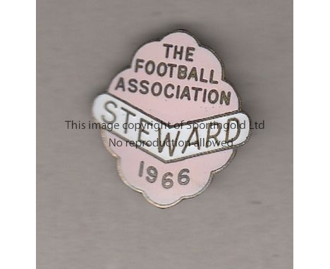 FA 1966   Football Association metal and enamel pin badge, Steward 1966, pink badge with white banner.  Good