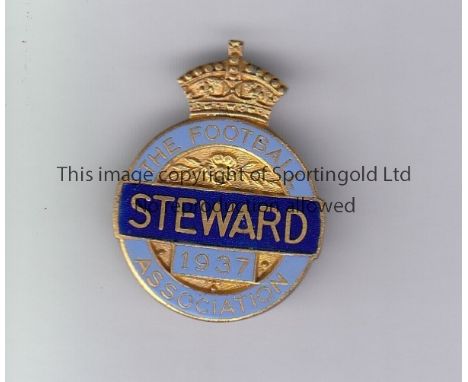 1937 FA STEWARD   Official FA 1937 metal and enamel Steward badge, light blue and gold, made by Denton and Down, London, pin 