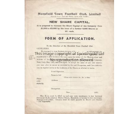 MANSFIELD TOWN 1931   Application Form issued by the Club for new share capital in 1931 after the Club was elected to the Foo