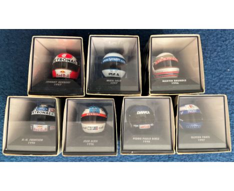 7 x Minichamps Helmet Collection, Miniature Helmets of F1 Drivers 1/8th Scale including Olivier Panis 1997, Martin Brundle 19