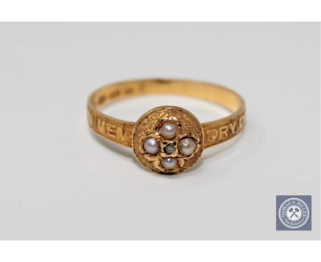 A good 18ct gold Victorian pearl and diamond memoriam ring.