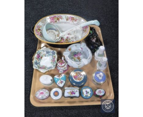 A tray of china pill boxes, salt and pepper pots, china ashtray, Adams soup ladle, Adams twin handled bowl etc 