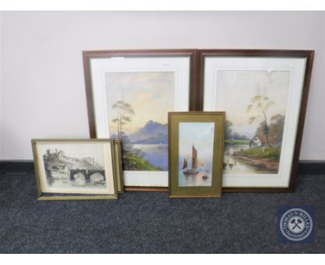 A pair of framed A Wylie watercolours - cottage and landscape, two further watercolours and a print 