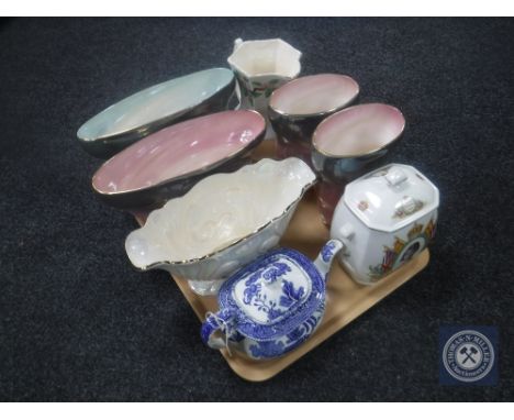 A tray of Maling Cetem ware teapot, Ringtons Queen Elizabeth coronation caddy, Maling jug and five further Maling vases 