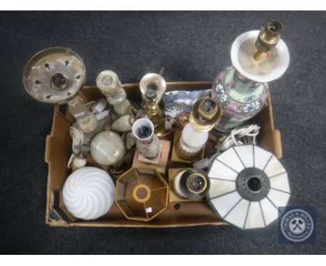 A box of gilt and onyx candle holders, vases, table box together with a pair of brass and marble table lamps, Oriental table 