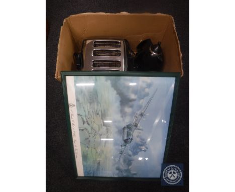 A framed Royal Air Force print, four slice toaster and a kettle 
