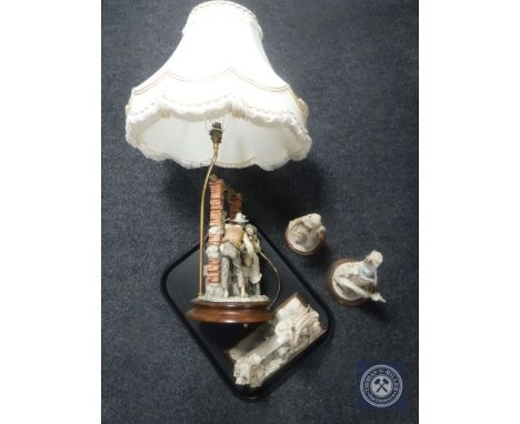 A tray of Italian figural table lamp of a figure at a well together with three other Italian figures 