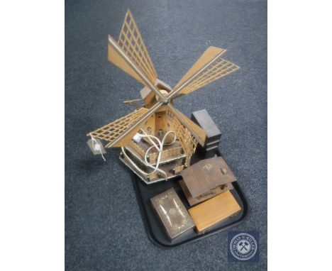 A tray of mid 20th century Windmill table lamp, set of cased micro weights, Art Deco oak electric mantel clock, trinket box