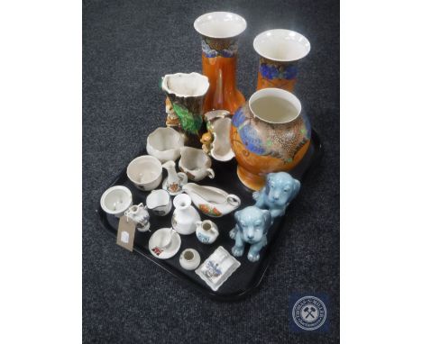 A tray of Goss china, three Crown Ducal Art Deco vases, two Hornsea vases, pair of dog ornaments 