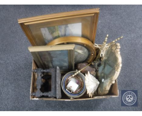 A box of gilt framed port hole mirror, brass companion set, antique carved oak stool, gilt framed watercolour etc 
