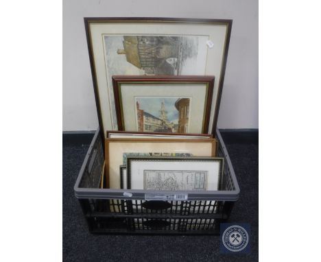 A box of assorted framed pictures and prints, map of Northumberland after Morden, H W Brewer print Old Newcastle, etc 