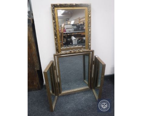 A gilt triple dressing table mirror and a gilt framed hall mirror 