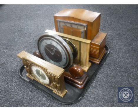 A tray of Art Deco walnut cased Smiths mantel clock together with a further clock by Metamec and two others.