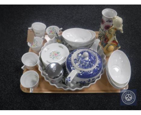 A tray of six Limoges cups with saucers, eight Coalport Country Ware bowls, Portmeirion vase, willow pattern teapot etc 