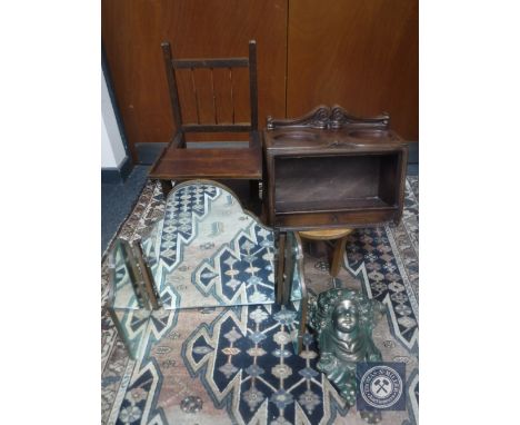 A child's high chair together with another child's chair, counter top cigar cabinet, triple dressing table mirror, together w