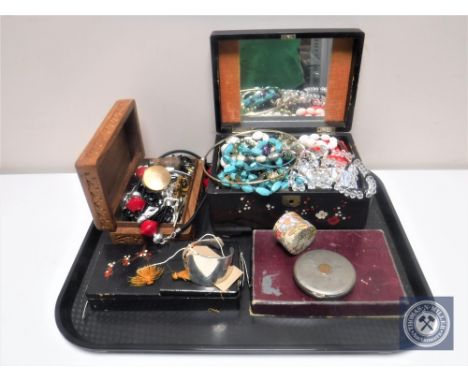 A tray of jewellery boxes and costume jewellery, silver bangle and a compact 