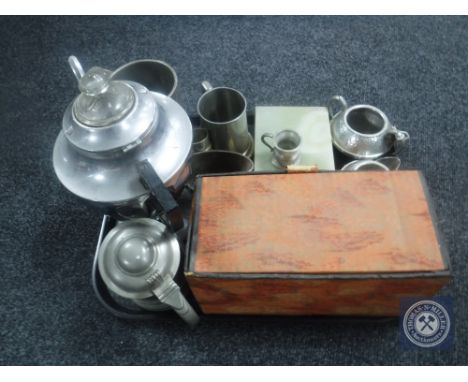 A tray of 20th century plated wares, craftsman pewter milk jug and sugar basin, mid 20th century Bakelite flask in box, onyx 