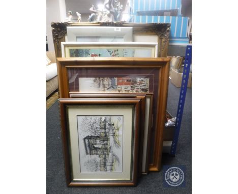 Nine assorted framed pictures and prints, L.S. Lowry print - VE Day Celebration 