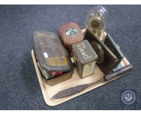 A tray of antique tins - Bassetts liquorice, Pears Soap, etc, two miniature flat irons, anniversary clock under shade and two
