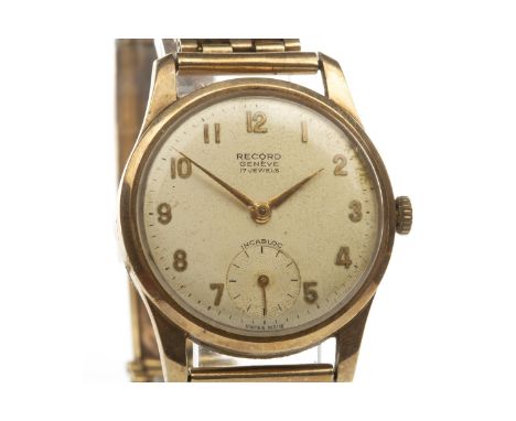 GENTLEMAN'S RECORD NINE CARAT GOLD MANUAL WIND WRIST WATCH, signed movement, the round dial with applied gold Arabic numerals