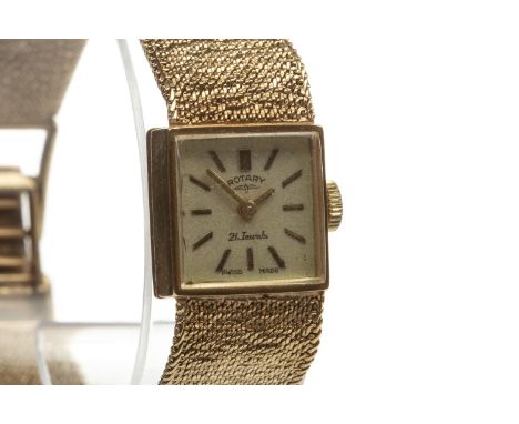 LADY'S ROTARY NINE CARAT GOLD MANUAL WIND WRIST WATCH, the square dial with applied gold baton hour markers, gold pencil hand