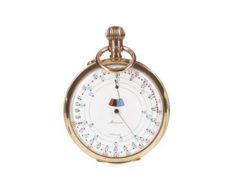 GOLD PLATED OPEN FACE TWO SIDED KEYLESS WIND POCKET WATCH, the round white enamel dial with Roman numerals in black, sunken s