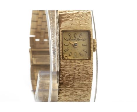 LADY'S BEUCHE-GIROD NINE CARAT GOLD MANUAL WIND WRIST WATCH, the square buff dial with applied baton hour markers, gold penci