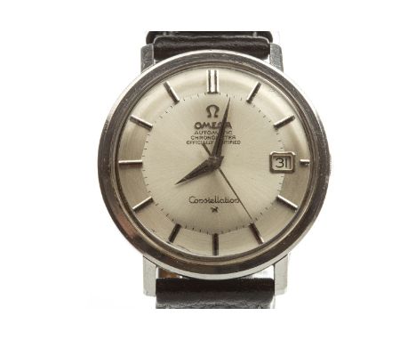 GENTLEMAN'S OMEGA CONSTELLATION AUTOMATIC CHRONOMETER STAINLESS STEEL WRIST WATCH, signed Omega movement, the round silver co
