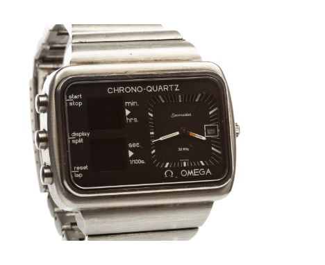 GENTLEMAN'S OMEGA CHRONO-QUARTZ STAINLESS STEEL WRIST WATCH, the rounded rectangular dial with sunken black analogue dial to 