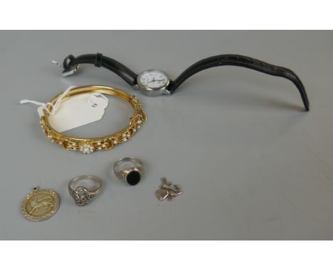 Small collection of silver jewellery together with a gold tone bangle and a watch 