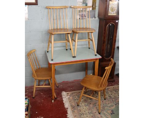 Mid century Formica topped table with 4 Ercol style chairs - Table size approx: L: 92cm W: 61cm H: 78cm 