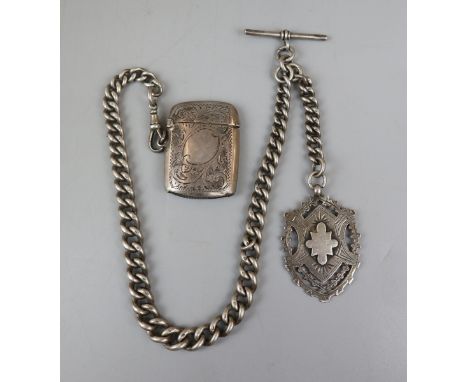 Silver Albert chain, vesta case &amp; a medal - Approx weight: 103g 