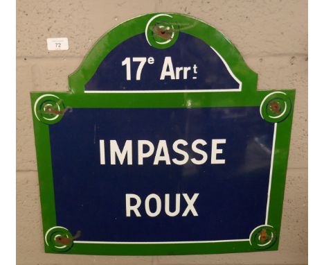 French enamel sign- Impasse Roux - Approx size: 50cm x 49cm 