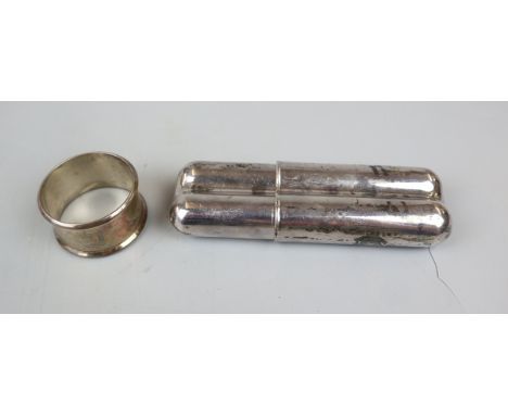 Silver 2 finger cigar case marked 925 together with a hallmarked silver napkin ring - Approx weight: 121g 