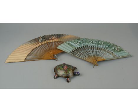 Cloisonné turtle together with 2 vintage fans 