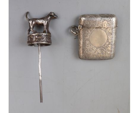 Silver bottle top in form of dog and Vesta case - Overall approx weight: 48g 