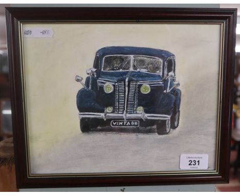 Original pastel vintage car signed TCT 