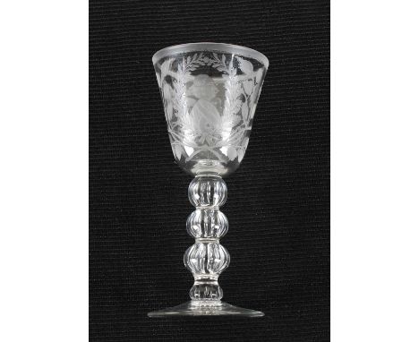 A "Jacobite" Engraved Clear Glass Goblet A "Jacobite" Engraved Clear Glass Goblet, the bell shaped bowl engraved with portrai