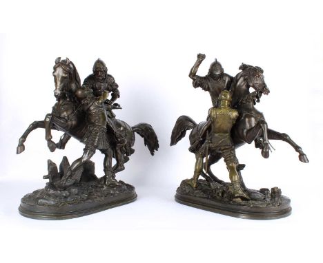 A Large and Impressive Opposing Pair of Bronze Equestrian Figure Groups Attributed to Louis-Marie Moris (French 1818-1883/4) 